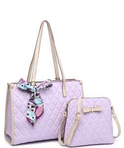 2In1 Quilted Tote Bag with Ribbon Scarf Set 716545 PURPLE